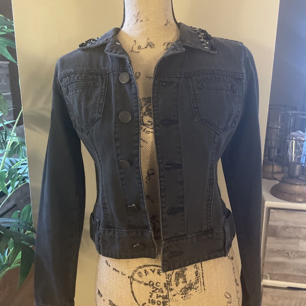 Cabi Womens Size Xs Black Denim Beaded Embellished Jean Jacket
